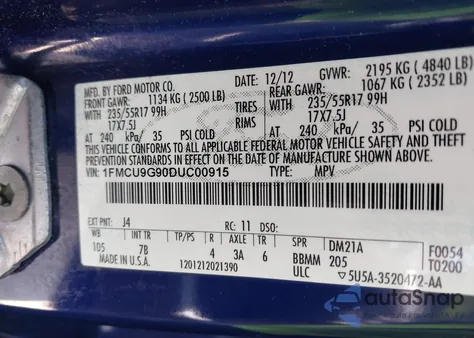 2013 Ford Escape Se from USA, damaged, VIN 1FMCU9G90DUC00915